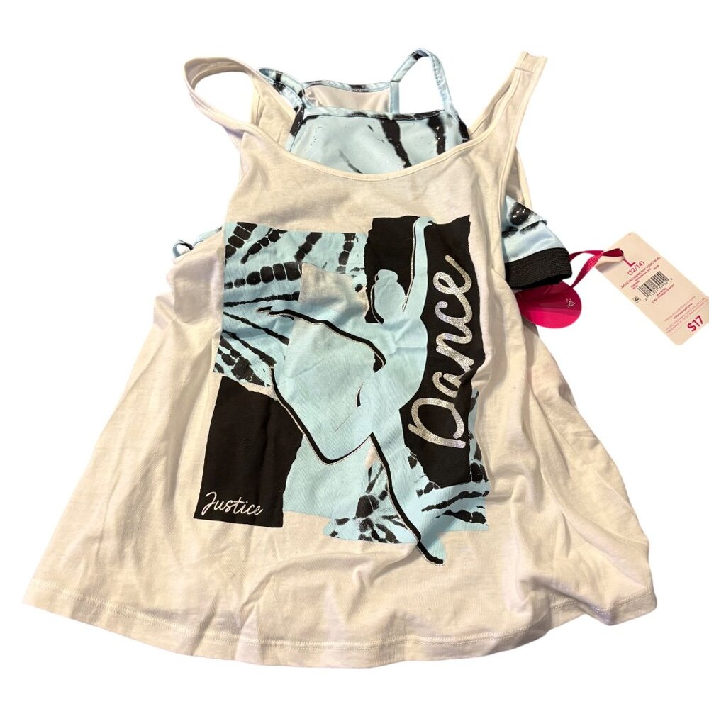 Justice Girls Dance Tank Top With Built-In Sports Bra Girls L White/Blue NWT